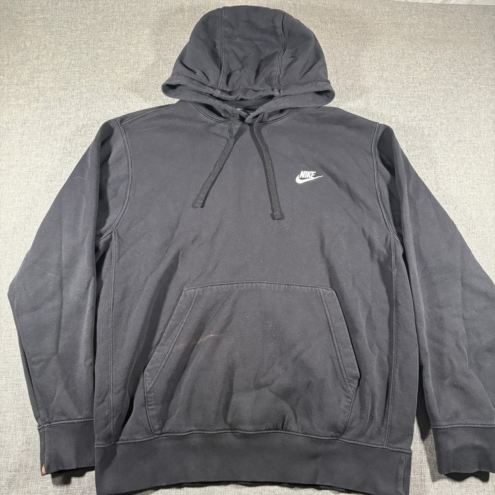 Nike Hoodie Mens Medium Black Club Fleece Pullover Embroidered Logo Bleach Marks